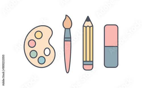 Flat vector illustration paint palette paintbrush pencil eraser art time vibe pastel colors 4x1 grid equal spacing isolated on white full objects visible
