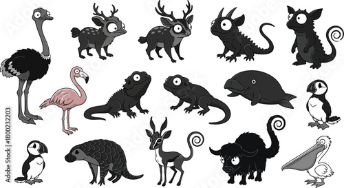 Monochrome Cartoon Animals with Big Eyes Set Keywords: ostrich, deer, lizard, dolphin, puffin, flamingo, pangolin, buffalo, pelican