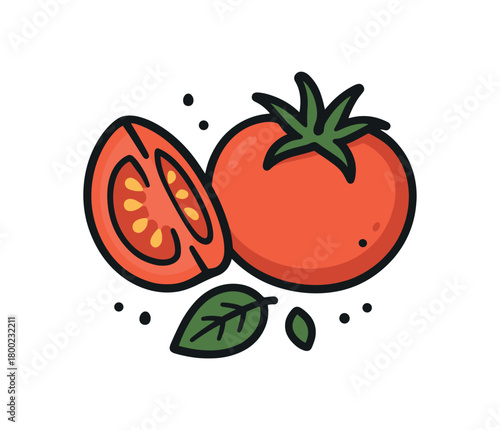 flat vector bold outline vine tomato white background sticker style droplet dots tomato slice seeds basil leaf
