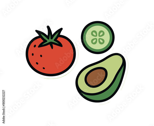 flat vector bold outline crisp tones white background sticker style balanced layout seed flecks tomato with stem cucumber slice avocado half