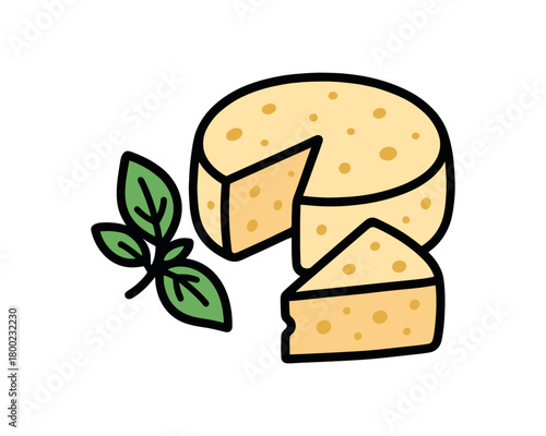 Cute doodle farm products collection flat vector illustration bold handdrawn outlines bright solid fills isolated on white clean white space sticker style minimal detail soft cheese round