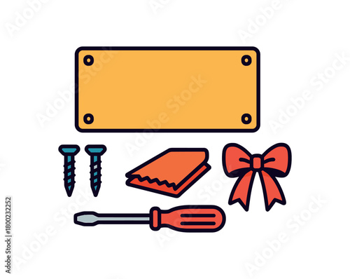 Flat vector bench dedication kit: plaque screws screwdriver cloth ribbon bright vibrant palette clean outlines minimal centered isolated on white no logos