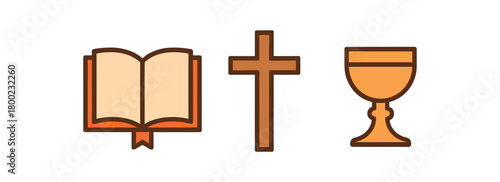 church symbols open Bible cross chalice flat vector illustration minimal modern design warm palette