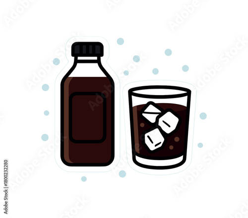 flat vector bold outline cold brew white background sticker style airy margins ice dots bottle glass