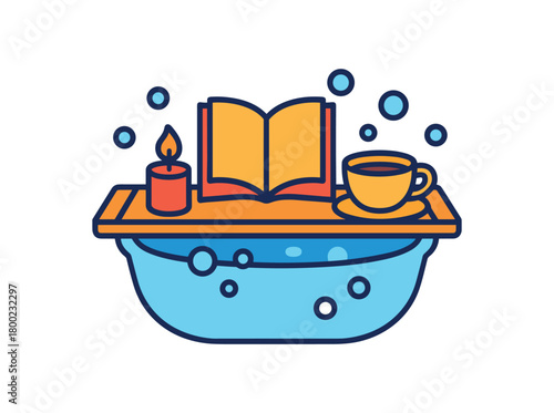 Flat vector relaxation bath: bath tray candle book tea cup bubbles bright vibrant palette clean outlines minimal centered isolated on white no logos