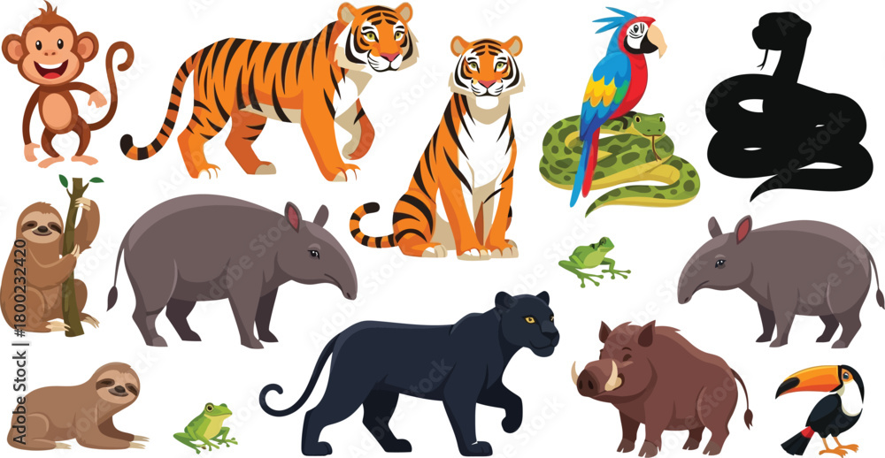 Naklejka premium Jungle Animals Collection with Monkey Tiger Sloth Tapir Panther Boar and Birds illustration