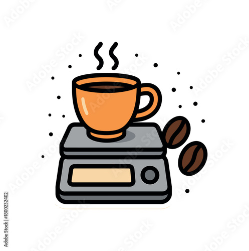 flat vector bold outline barista scale white background sticker style neat layout speck dots scale hint cup beans