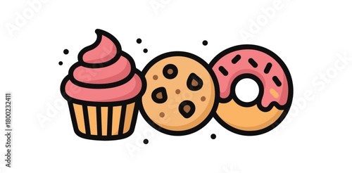 flat vector bold outline sweet trio white background sticker style steady rhythm sugar dust cupcake donut chip