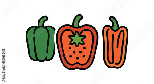 flat vector bold outline pepper trio white background sticker style measured spacing seed specks bell pepper halves stem pepper strip