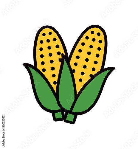 flat vector bold outline corn duo white background sticker style compact layout kernel dots two corn cobs