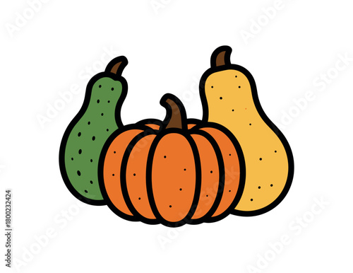 flat vector bold outline gourd mix white background sticker style even margins seed flecks pumpkin and squash