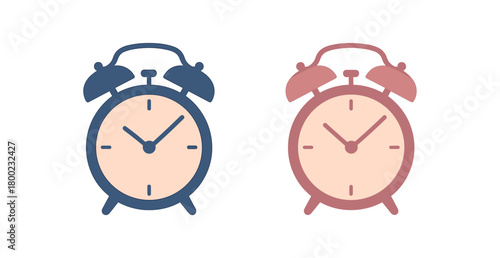 Flat vector illustration two analog alarm clocks night mindfulness style pastel colors clean dials implied 2x1 grid equal spacing isolated on white full objects visible