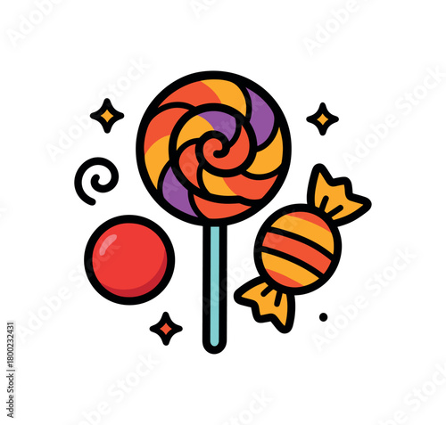 flat vector bold outline punchy colors white background sticker style centered tiny stars swirl lollipop round candy wrapper