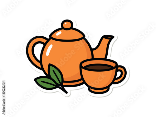 flat vector bold outline lid shine white background sticker style tidy cluster leaf accents teapot lid cup