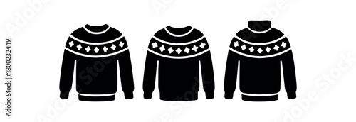 Flat vector illustration three winter sweaters black and white solid black icon style simple yoke 3x1 grid equal spacing isolated on white