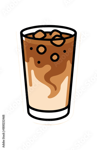 flat vector bold outline iced latte white background sticker style airy margins ice dots tall glass milk swirl hint