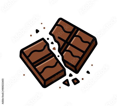 flat vector bold outline chocolate break white background sticker style airy margins shard specks bar squares drizzle line hint