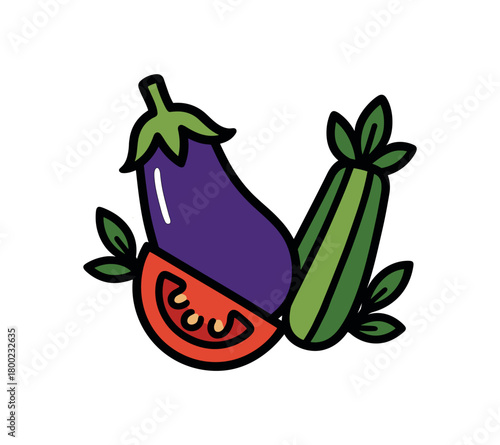 flat vector bold outline rich fills white background sticker style clean rhythm leaf accents eggplant gloss line zucchini spear tomato wedge