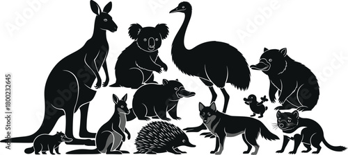 Group of Australian and Other Animals Silhouettes on White Background black kangaroo