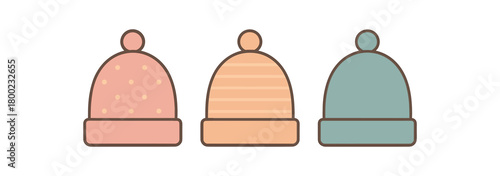 Flat vector illustration three beanies with tiny pompoms cozy winter style pastel colors minimal patterns (dots stripes waves) 3x1 grid equal spacing isolated on white