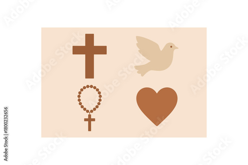 4 faith symbols cross dove rosary heart flat vector illustration warm natural tones minimal design
