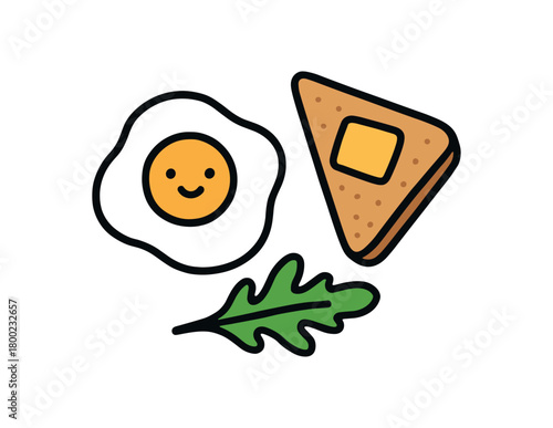 Cute doodle breakfast foods collection flat vector illustration bold handdrawn outlines bright solid fills isolated on white clean white space sticker style minimal detail poached egg toast