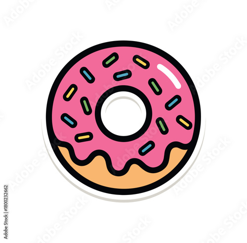 flat vector bold outline donut glaze white background sticker style measured spacing sprinkle curve shine highlight