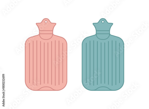 Flat vector illustration two hot water bottles sleep routine style pastel colors gentle ribs 2x1 grid equal spacing isolated on white full objects visible