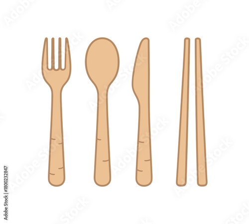 Flat vector illustration four bamboo cutlery pieces (fork spoon knife chopsticks) eco kitchen style pastel colors 4x1 grid equal spacing isolated on white full objects visible