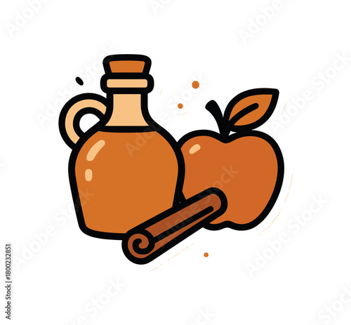 flat vector bold outline warm ambers white background sticker style compact trio droplet dots cider jug cinnamon stick hint