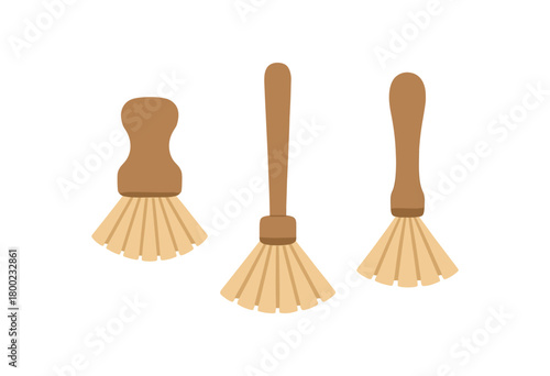 Flat vector illustration three wooden dish brushes eco kitchen style pastel colors simple bristle fans 3x1 grid equal spacing isolated on white