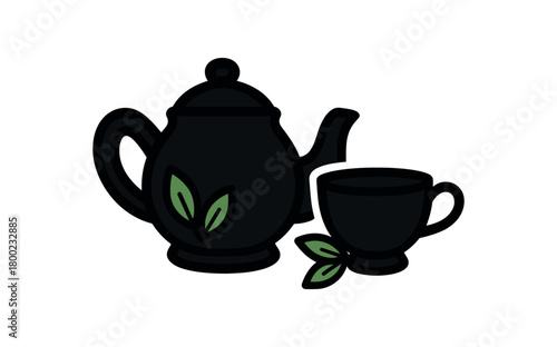 flat vector bold outline kettle silhouette white background sticker style neat spacing leaf accents kettle teacup