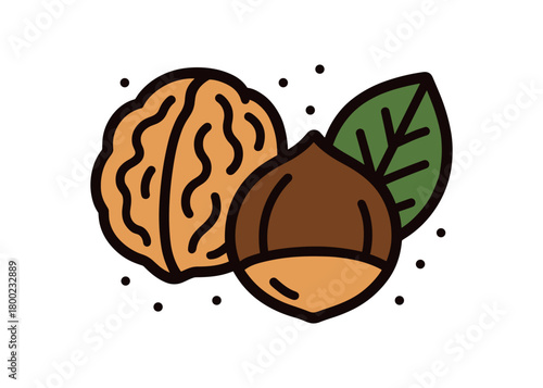 flat vector bold outline nutty autumn white background sticker style neat spacing tiny dots walnut hazelnut leaf