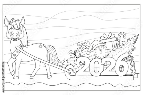 Coloring book page. Happty New Year 2026. Vector illustration.	
