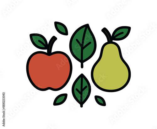 flat vector bold outline orchard trio white background sticker style leaf chips pear leaf