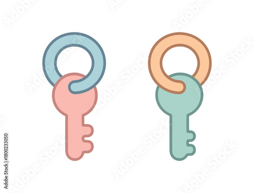 Flat vector illustration two toy keys teethers cute baby style pastel colors rounded edges 2x1 grid equal spacing isolated on white
