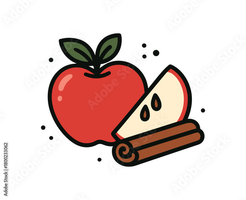 flat vector bold outline cinnamon white background sticker style compact pair dotted accents slice cinnamon stick hint