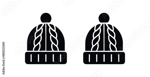 Flat vector illustration two cableknit beanies black and white solid black icon style tiny pompoms 2x1 grid equal spacing isolated on white