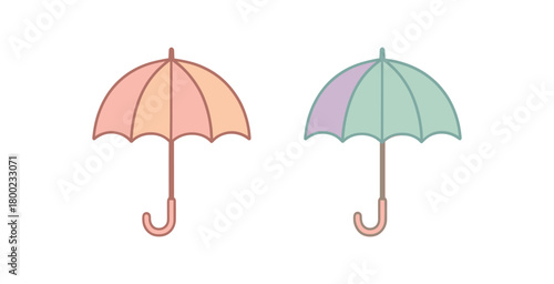 Flat vector illustration two umbrellas seasonal essentials style pastel colors spring vibe 2x1 grid equal spacing isolated on white full objects visible
