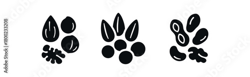 Flat vector illustration three nut mixes zero contain theme black and white solid black icon style unpackaged 3x1 grid equal spacing isolated on white