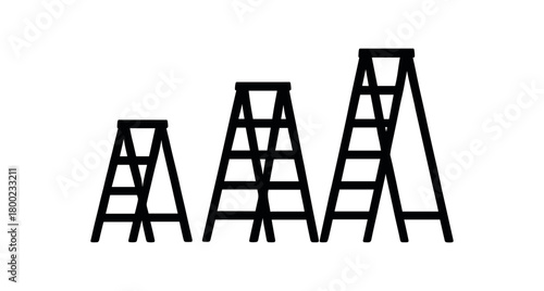 Flat vector illustration three step ladders (growth) black and white solid black icon style conceptual focus flow theme 3x1 grid equal spacing clean silhouettes isolated on white