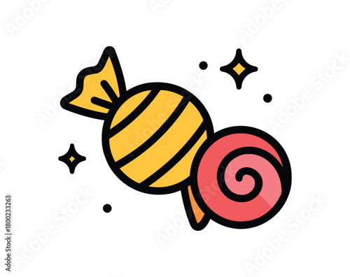 flat vector bold outline candy combo white background sticker style sparkle dots twist wrap round candy