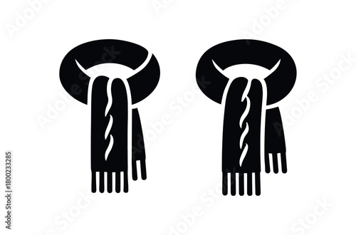 Flat vector illustration two knitted scarves black and white solid black icon style minimal cable hint 2x1 grid equal spacing isolated on white