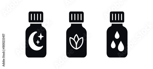 Flat vector illustration three essential oil bottles black and white solid black icon style night mindfulness theme 3x1 grid equal spacing clean silhouettes isolated on white