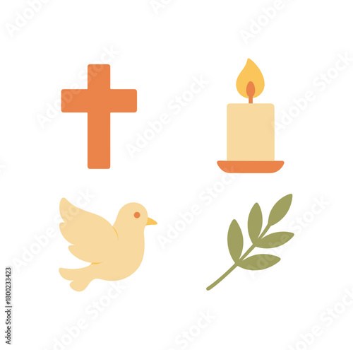 4 icons of peace and faith cross candle dove olive branch flat vector illustration minimal modern design warm palette