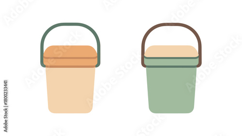 Flat vector illustration two small compost caddies eco kitchen style pastel colors simple lids 2x1 grid equal spacing isolated on white