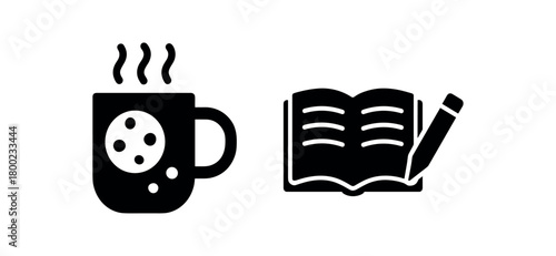 Flat vector illustration cookie mug study break theme black and white solid black icon style 2x1 grid equal spacing isolated on white full objects visible