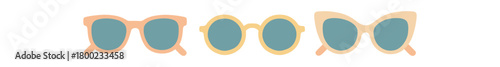 Flat vector illustration three sunglasses seasonal essentials style pastel colors summer vibe 3x1 grid equal spacing isolated on white full objects visible