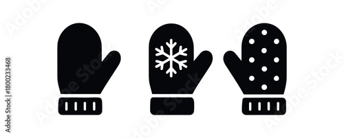 Flat vector illustration four mitten pairs black and white solid black icon style seasonal essentials theme winter vibe 4x1 grid equal spacing isolated on white