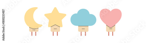 Flat vector illustration four nightlights (moon cloud heart) sleep routine style pastel colors simple shapes 4x1 grid equal spacing isolated on white full objects visible